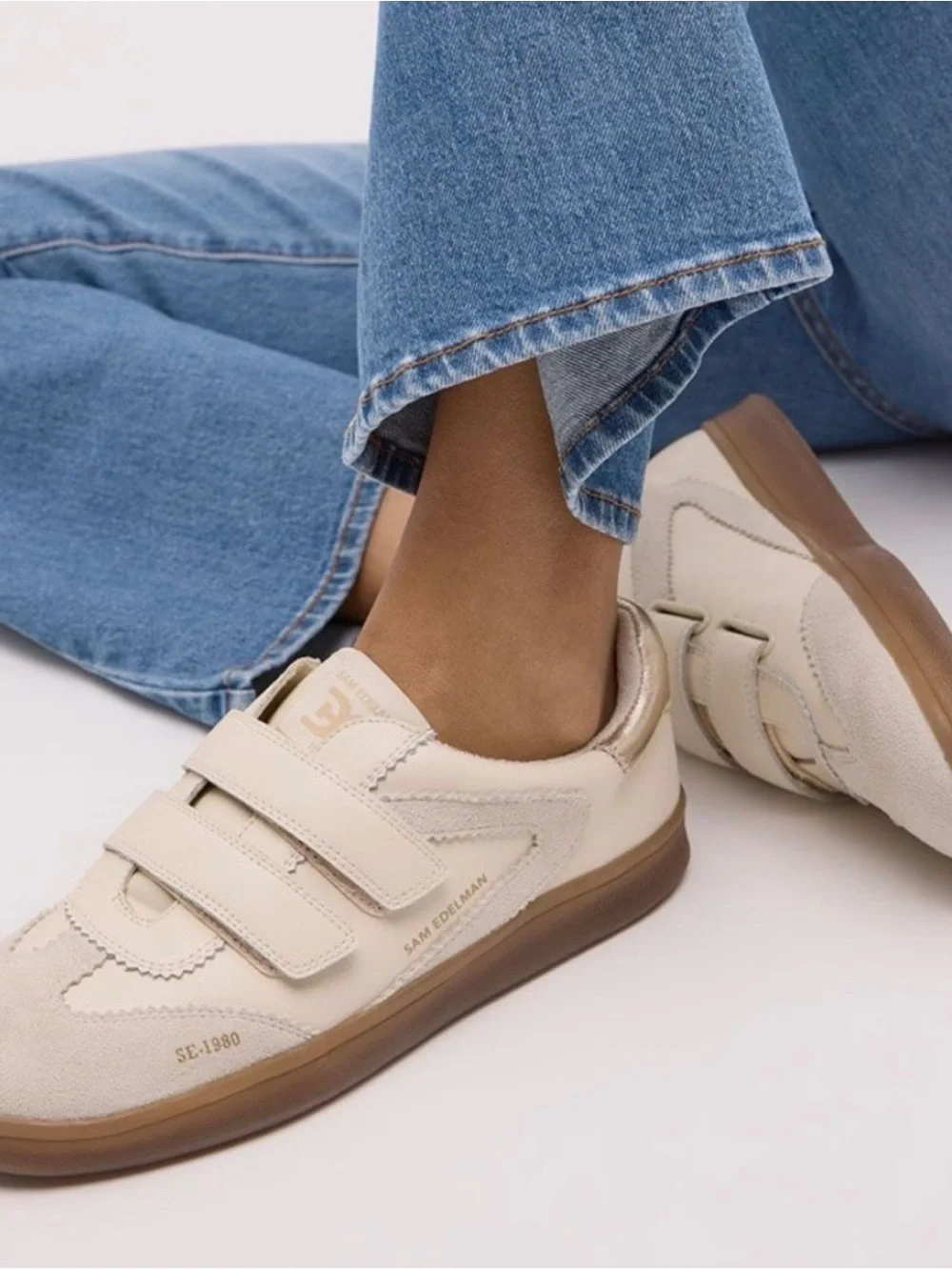 Sam Edelman Cream Leather Velcro Sneakers with Brown Sole - Picture 2 of 11